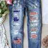 Sky Blue Sunflower Graphic Stars And Stripes Patched Jeans