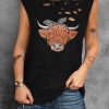 Black Western Shaggy Cow Print Ripped Graphic Tank Top