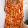 Orange Floral Antique Brass Buttoned Boho Dress