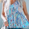 Sky Blue Boho Pattern Print Flounce V Neck Tank Top