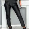 Black Metal Buttons PU Leather Pants With Pockets