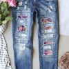 Sky Blue Floral Patchwork Mid Waist Distressed Jeans