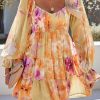 Yellow Square Neck Puffy Sleeve Tiered Floral Dress