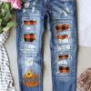 Sky Blue Cute Sunflower Pumpkin Graphic Plaid Patched Distressed Jeans