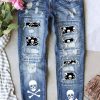 Sky Blue Skull Print Patchwork Distressed Jeans