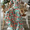 Multicolor Bohemia Print V Neck Ruffle Long Sleeve Maxi Dress