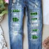 Sky Blue Plaid Patchwork High Waist Distressed Jeans