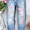 Sky Blue Flamingo Plaid Print Patches Distressed Jeans