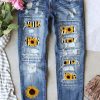 Sky Blue Sunflower Striped Patchwork Mid Rise Distressed Jeans