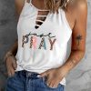 White Just Pray Leopard Print V Neck Spaghetti Strap Tank Top