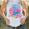 White Lake Life Color Block Ripped Graphic Tank Top