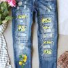 Sky Blue Lemon Pattern Patchwork Mid Rise Distressed Jeans