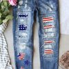 Sky Blue American Flag Stripe Star Patchwork Distressed Jeans