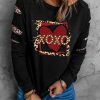 Black XOXO Sequin Heart Leopard Print Cut-out Long Sleeve Sweatshirt