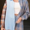 Sky Blue Plaid Contrast Color Block Shirt With Slits