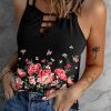 Black Floral Pattern Print Hollow-out Spaghetti Strap Tank Top