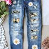 Sky Blue Leopard Daisy Patchwork Mid Rise Distressed Jeans