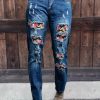 Floral Patchwork Ripped Straight Leg High Rise Jeans