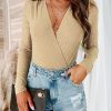 Khaki Rhinestone Surplice V Neck Long Sleeve Bodysuit