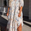 White Floral Print Puff Sleeve Square Neck Plus Size Dress