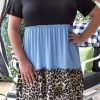 Sky Blue Colorblock Leopard Patchwork T Shirt Plus Size Dress