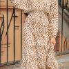 Animal Print Leopard V Neck Smocked Waist Long Dress With Ruffle Hem