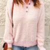 Pink Button Neckline Ribbed Trim Furry Knit Sweater