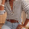 White Striped Print Ruffled Buttoned Long Sleeve Top