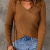 Khaki High Neck Hollow-out Crossed Wrap Knit Sweater