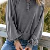 Gray Washed Snap Buttons Lantern Sleeve Pullover Sweatshirt