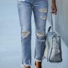 Leopard Print Patch Distressed Raw Hem Jeans