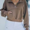 Brown Zipped Turn Down Collar Cropped Sweatshirt With Pocket