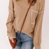 Khaki Contrast Stitching Trim Waffle Knit Pullover