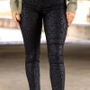 Black Sheen Leopard Print Mid Rise Skinny Pants