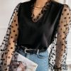 Black Lace Contrast V Neck Puffy Sleeve Blouse