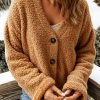 Brown Casual V Neck Button Up Teddy Jacket