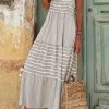 Gray Stripe Patchwork Halter Neck Maxi Dress