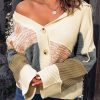 Beige Colorblock Patchwork Buttons Hooded Cardigan