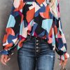 Abstract Pattern Crewneck Ruffled Puff Sleeve Blouse