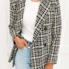 Black White Lapel Collar Buttoned Gingham Tweed Blazer