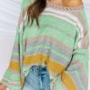 Green Striped Bell Sleeves Loose Sweater