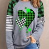 Green Plaid Heart Clover Striped Print Long Sleeve Pullover Top