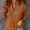 Brown Half Zip Ribbed Knit Pocketed Sweater