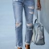 White Floral Print Patch Distressed Raw Hem Jeans