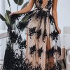 Black Lace Contrast Backless Spaghetti Straps Maxi Dress