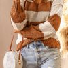 Khaki Striped V Neck Pullover Sweater