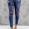 Blue Plaid Patchwork Graphic Print Distressed Skinny Jeans