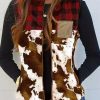 Brown Cow Print Buffalo Plaid Pocket Vest Coat