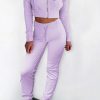 Purple Ribbed Knit Cropped Hoodie And Jogger Two Piece Set