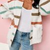 Beige Drop Shoulder Pocketed Stripe Sweater Cardigan